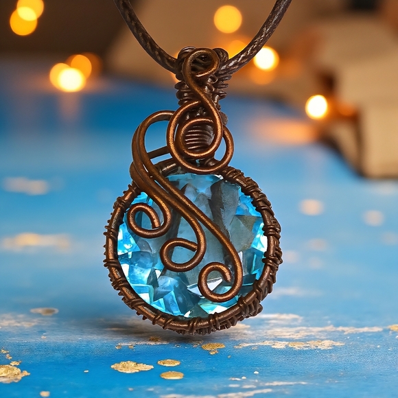 Boho Chic Genuine Light Blue Quartz Copper Wire Wrapped Pendant Necklace - Picture 6 of 11